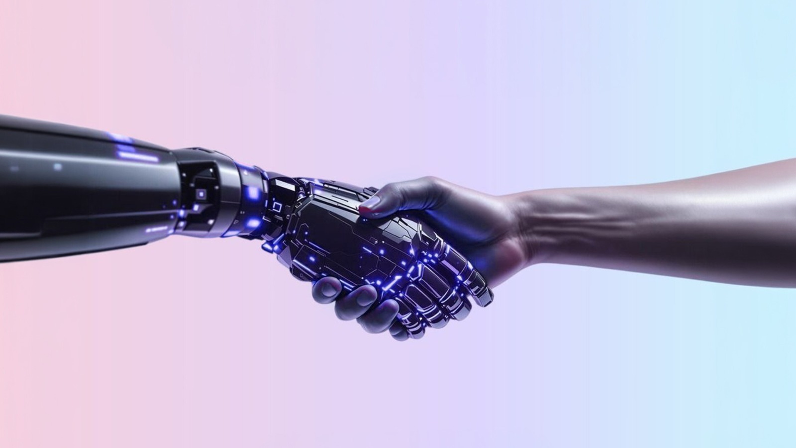 A robotic hand and a human hand meeting in a handshake, illustrating AI Decision Support Systems partnering with executives.