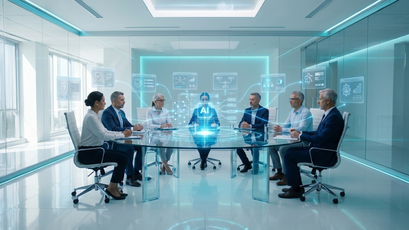 Executives around a glass conference table with an AI decision intelligence hologram at the center.