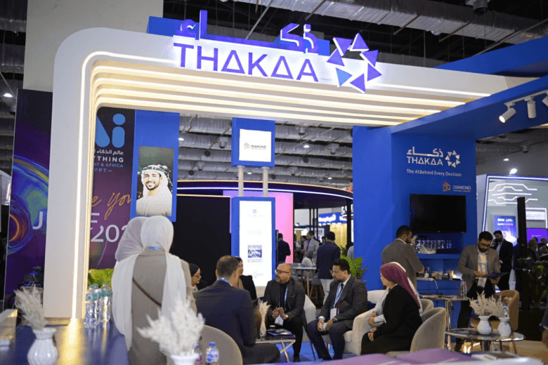 THAKAA booth at AI Everything MEA 2026 in Egypt, with leaders gathered in front of the branded stand.