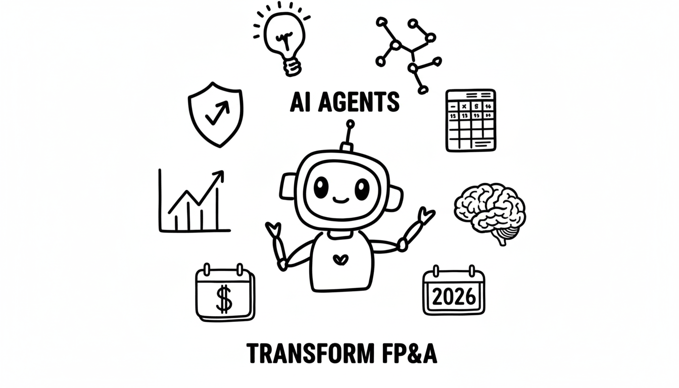 Illustration of an AI agent surrounded by FP&A icons: charts, calendar, dollar, brain, network, and lightbulb.